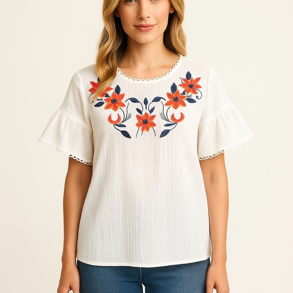 💙 THML Boho Prairie Style Embroidered Lightweight Short Sleeve Cotton Blouse - Picture 1 of 9